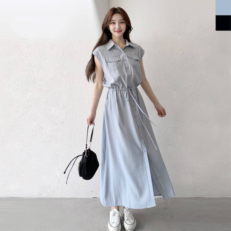 ベーシック ノースリーブ シャツワンピース 女子 韓国 ファッション ウエストストリング レディースウェア