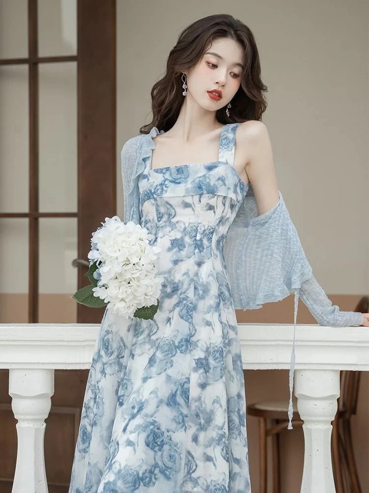 フレンチ 甘辛超仙 新型 小花の 甘さ ロング丈観光スカート 海辺リゾートキャミソールワンピース 2025女性