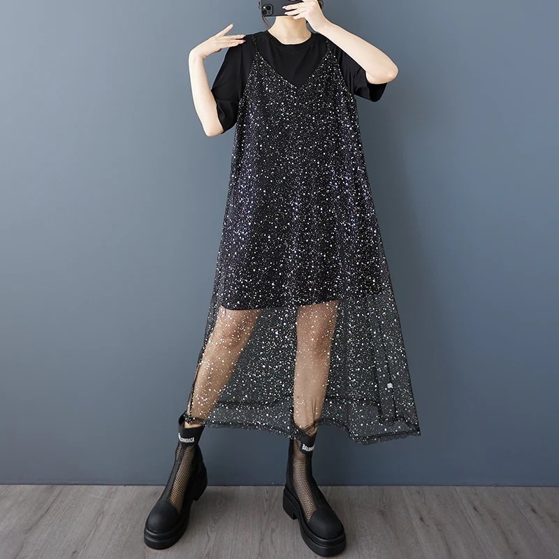 ブラックTシャツワンピース２点セット半袖着痩せキャミワンピース韓国ワンピース