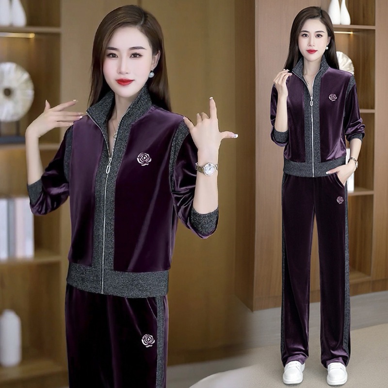 カナリア2023年秋冬2点セットスポーツレジャー女装ジッパー立襟テンション広脚ストレートパンツ