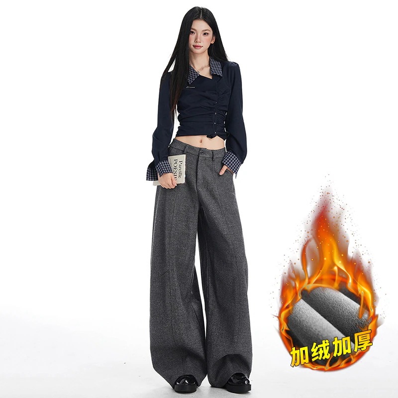 ダークグレーのフリース裏地付きウールカジュアルパンツ秋冬新作厚手レトロハイウエストゆったりワイドレッグ床までの長さのズボン