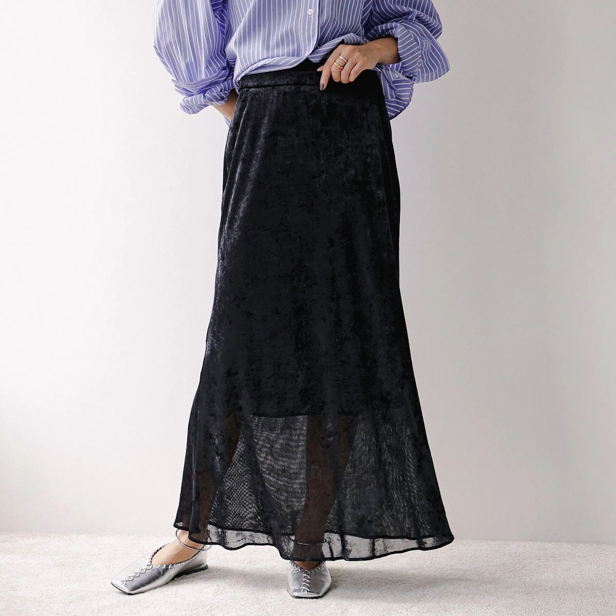 Munich ミューニック スカート MN252S48 レディース Iライン ベロア メッシュ ロング丈 シアー ストレート blk