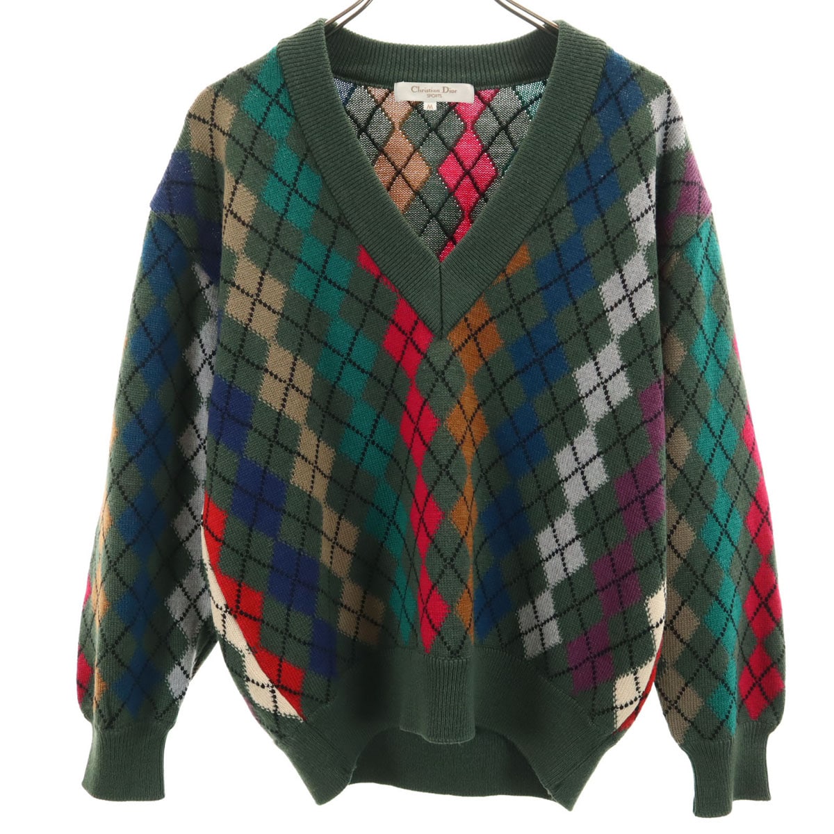美品 Christian Dior SPORTS クリスチャンディオールスポーツ 90s オールド アーガイル柄 長袖 Vネック セーター M カーキ ニット レディース 古着