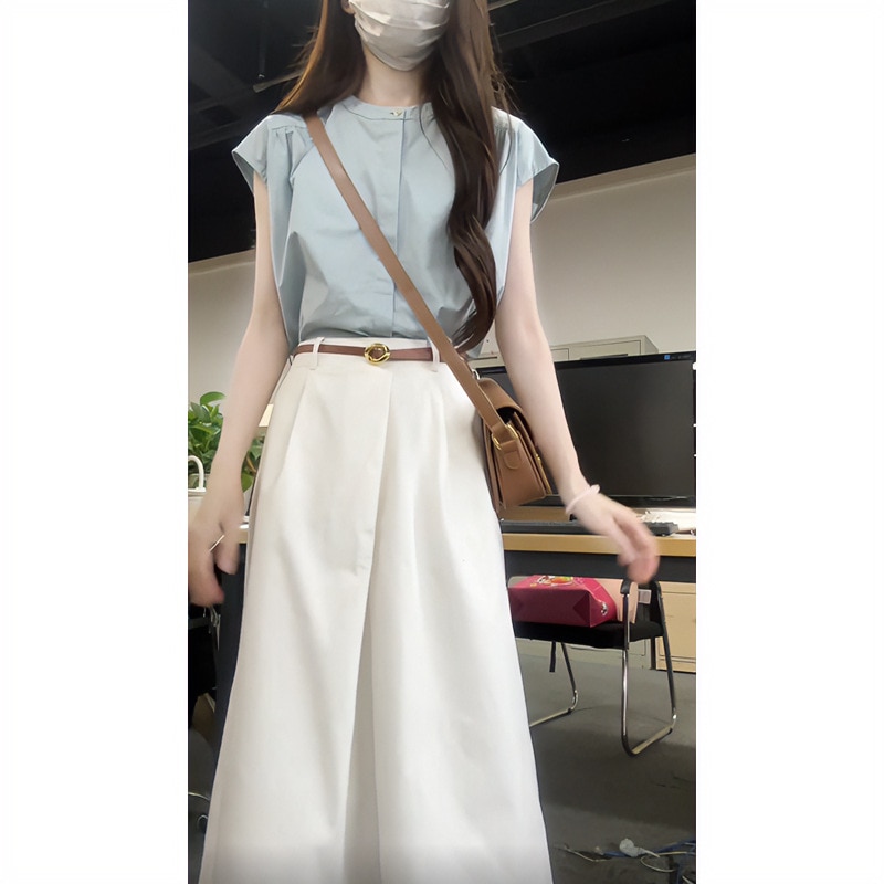 青 ノースリーブシャツ 夏 デザイン 上品 ハイウエスト ゆったり ロングスカート