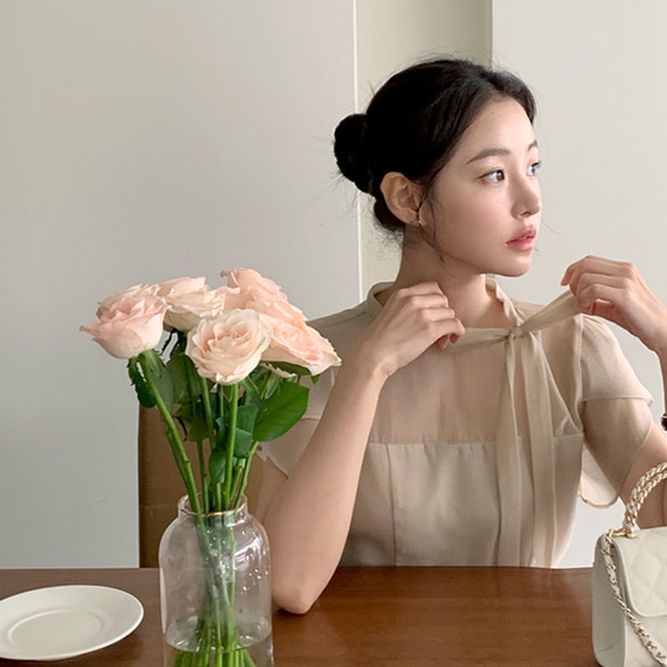 【フェミニン/ロマンティック/お呼ばれコーデ】マルセル シースルー シフォン リボンストラップ ブラウス bs8365