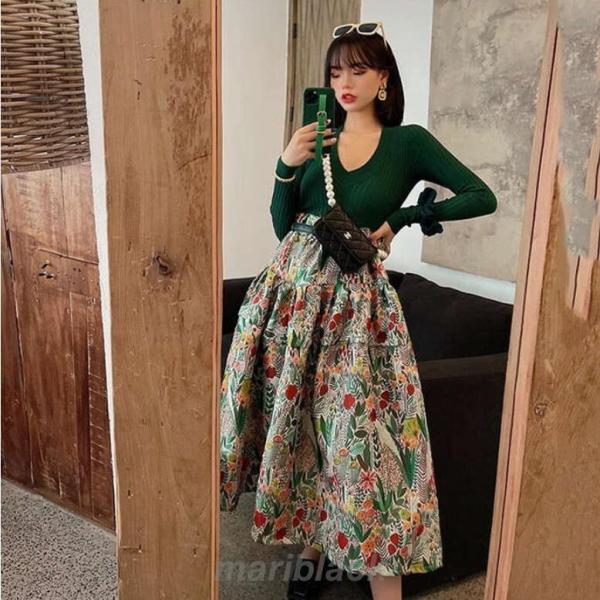 【即納】スカート ロング ミモレ丈 レディース ロングスカート 秋冬 秋 花柄 フレア ロング Aライン 花柄 カジュアル おしゃれ 可愛い