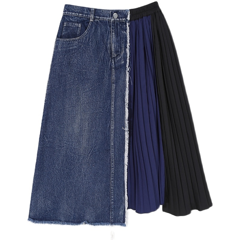 デニムプリーツスカート Aライン ハイウエスト ミドル丈スカート デニムスカート プリーツスカート a2452