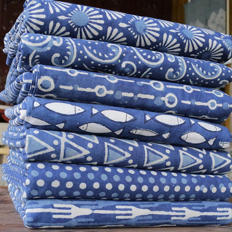 夏季新品限定全11色 105cm幅 480cm長さ 生地 布 布地 きじ 手作り 拓印 植物染色 綿 インド風 エスニック ブルー ネイビー 紺色 ホワイト 白 厚手