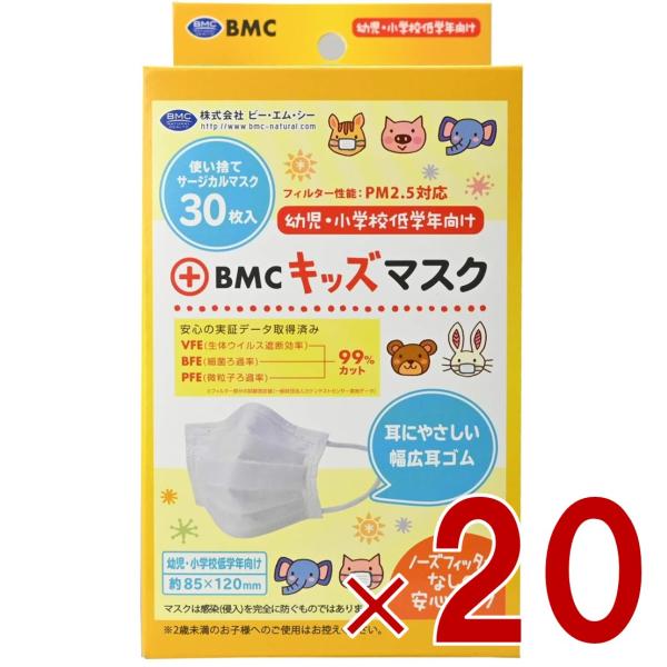 BMC フィットマスク キッズマスク 白 ホワイト 30枚入 サージカル 不織布 シンプル ジュニア 女の子 男の子 子供 20個