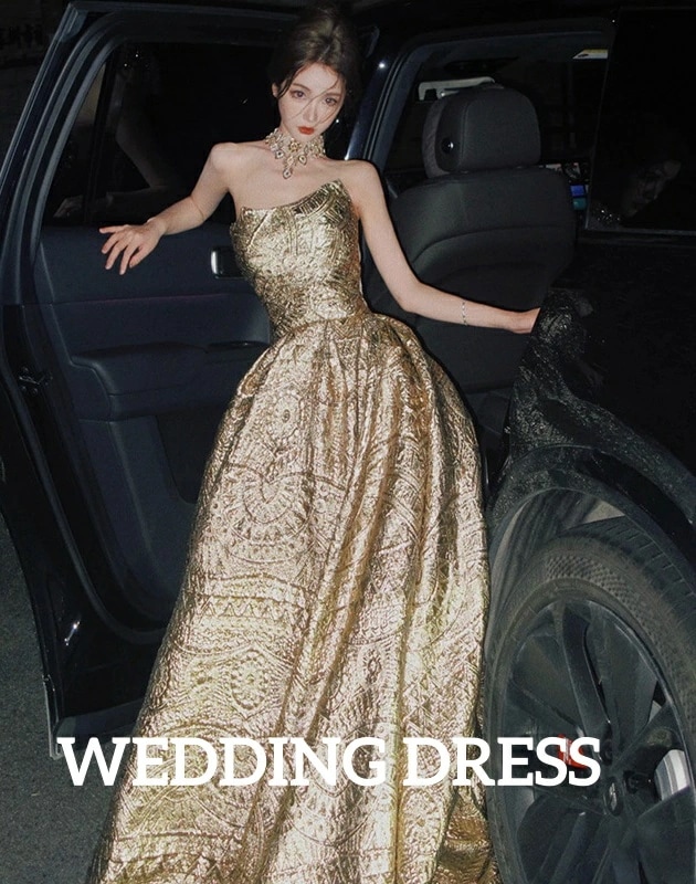 新品掲載！フランス風 エレガント 上品 レディースドレス 高級感 礼服 ウェディングドレス イブニングドレス 結婚式 花嫁ドレス 成人式 チューブトップ ゴールド おしゃれ ロングドレス 姫系 忘年会