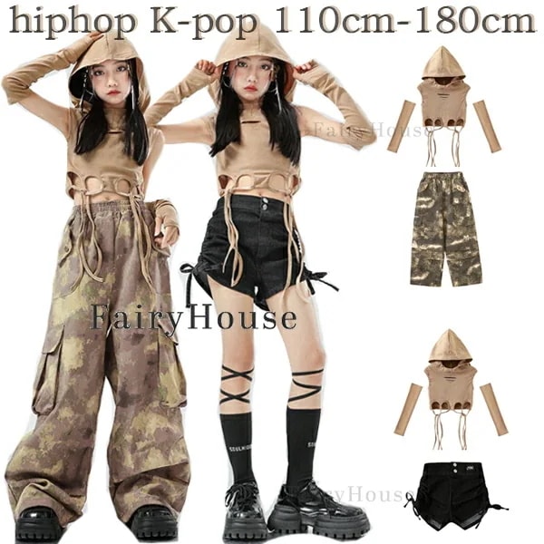 2026新型 タイムセール キッズダンス衣装 セットアップ 女の子 フード付き ベスト カフス 迷彩パンツ デニムショートパンツ 子供服 演出服 上下 3点セット ストリートダンス公演 ジャズダンス衣