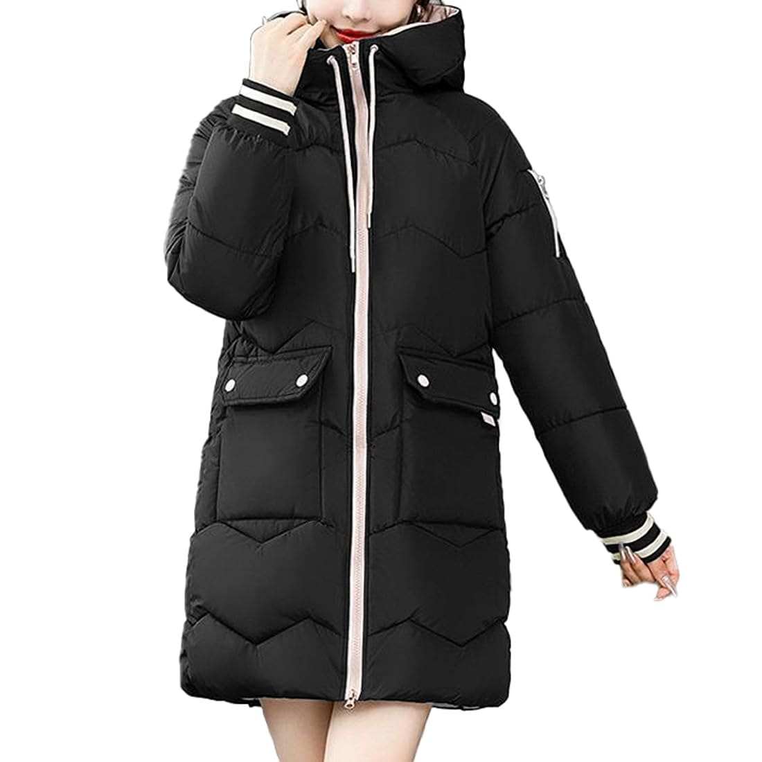 [アイカ] 中綿コート フェイクダウンコート ロングコート キルティングコート ベンチコート ロング丈 フード付き ゆったり 軽量 暖かい 防寒 観戦 アウター カジュアル 無地 レディース Lサイズ