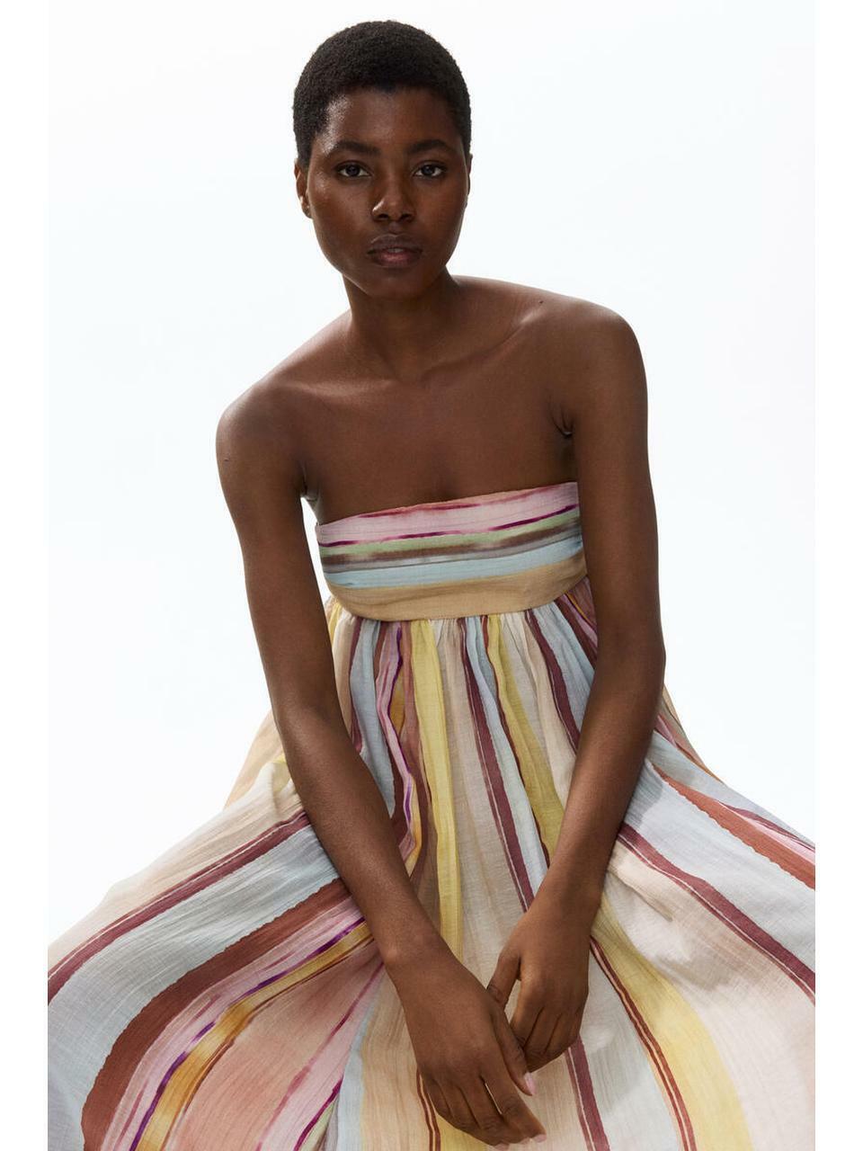 H&M ストラップレスロングドレスライトベージュストライプ 1343553001