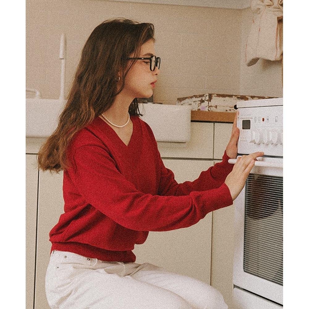 ロンロンVネックボールドリブニット レッド