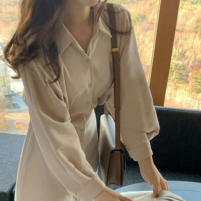 ワンピース デート シャツワンピース ミモレ ミモレ丈 袖あり 長袖 春 秋 10代 20代 30代 個性的 アプリコット ネイビー ブラック S M L XL ウエストマーク こなれ感