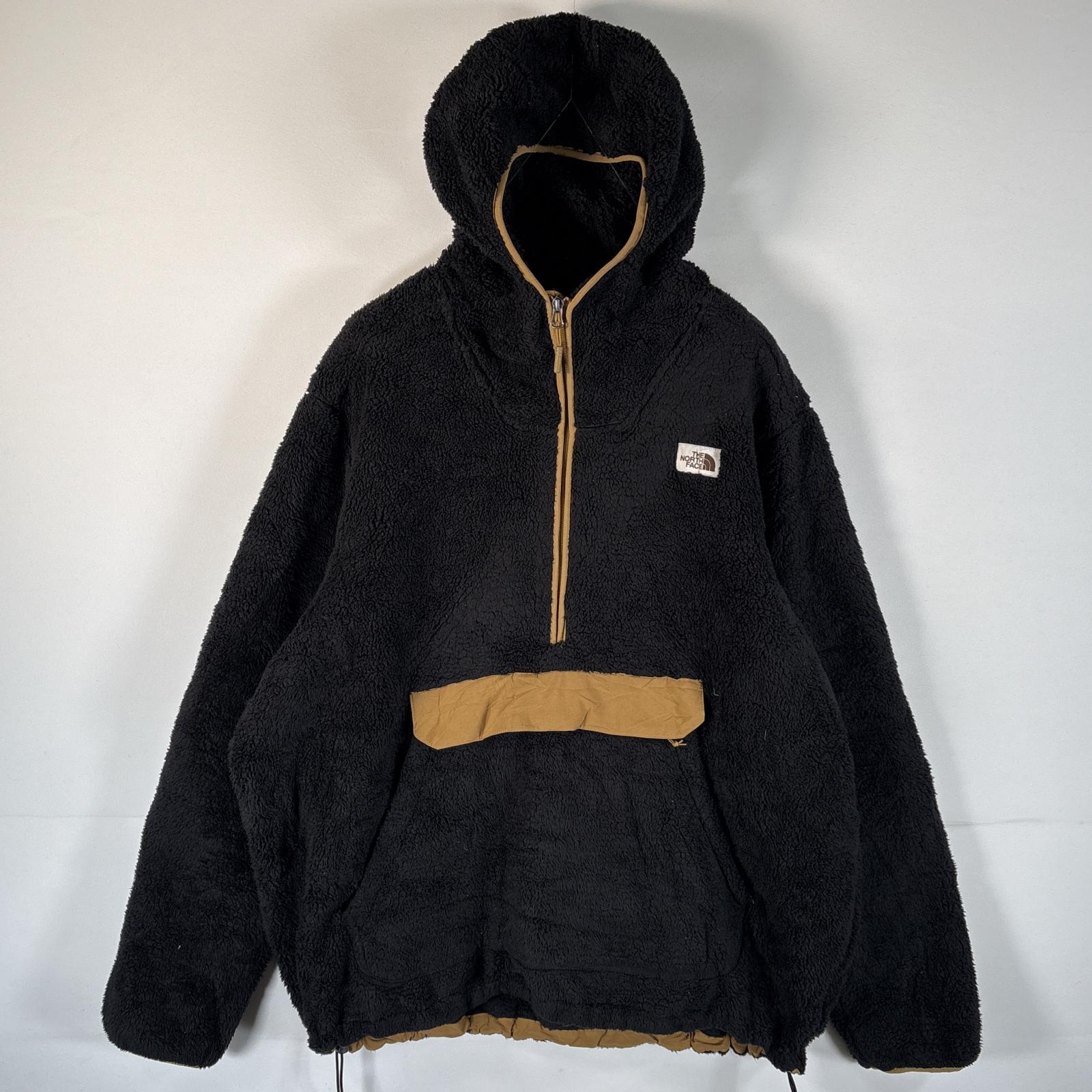 古着 ハーフジップフリースパーカー ワンポイントロゴ 大きいサイズ XXL ブラック メンズ