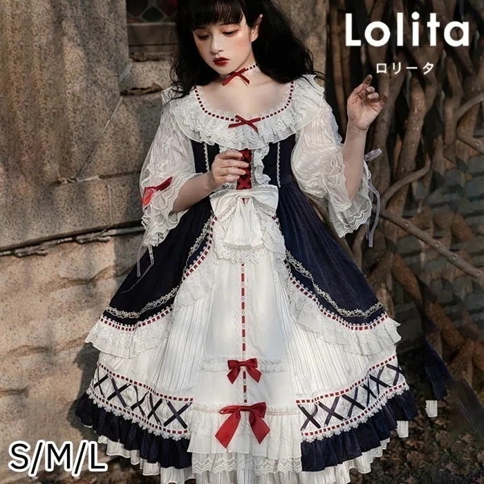 ロリータワンピース クラロリ ホワイト 白 レディース lolita リボン ロリータ 袖付き 膝丈 小柄 可愛い 着瘦せ 仮装 コスプレ コスチューム 小柄 可愛い 学生 女の子 ゴスロリ 仮装