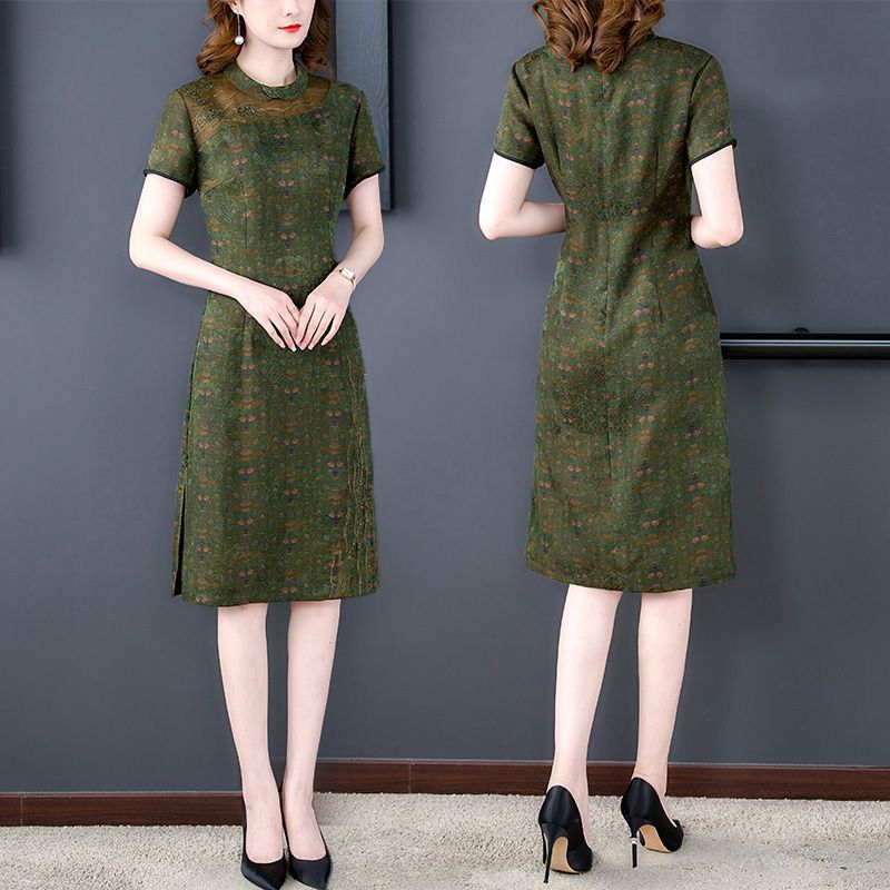 女性のためのハイエンドの香りの雲の糸シルクドレス r n1001-インクグリーン r n2