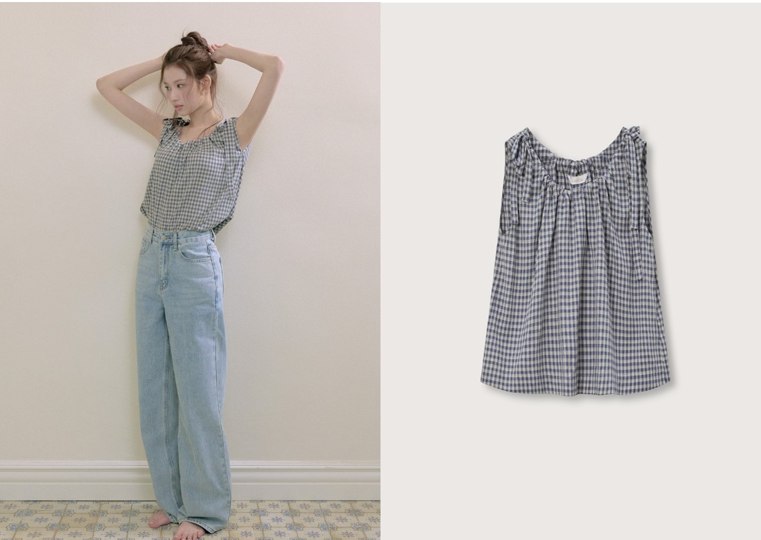 [TWICE SANA] SONNET check ribbon bamboo ノースリーブシャツ_NAVY 11,640円