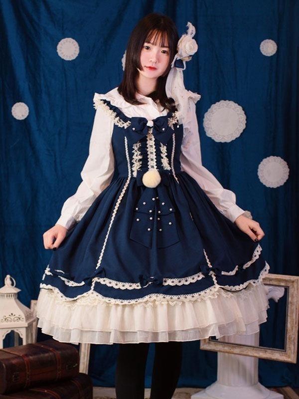 【全店任意2枚購入で100円OFF】古典的なロリータJSKドレスネバーランドフリルボウレースパールポンポンロリータジャンパースカート