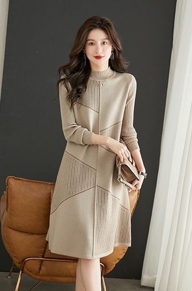 秋 冬 コート ニット スカート ミッドレングス セーター ボトムドレス 女性 おしゃれ アプリコット M L XL XXL ワンピース 膝上 袖あり 長袖 かわいい 大人可愛い きれいめ シンプル