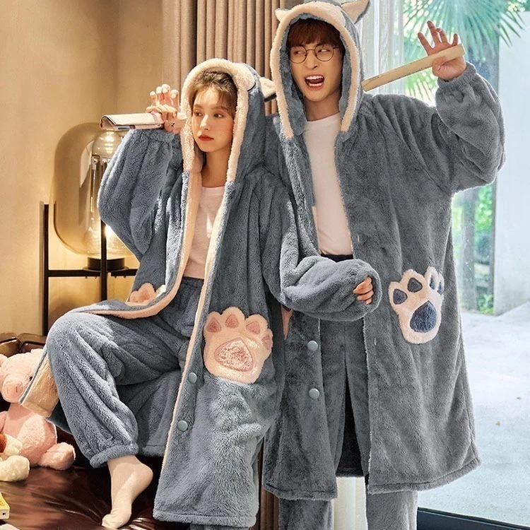 【急速出荷!】ペアパジャマ カップル 冬 もこもこ レディースパジャマ メンズパジャマ 前開き ウェア 上下セット 長袖 猫耳 肉球 猫柄 ねこ耳 ネコ耳 星柄 ウサギ 兎耳フード うさぎ耳 パーカー