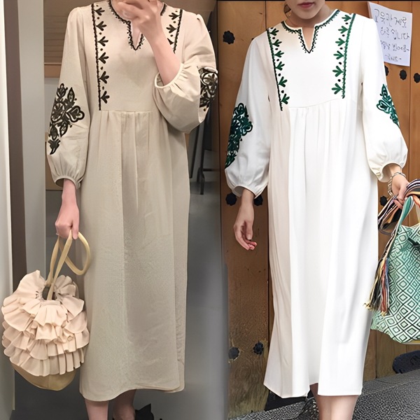 ２カラー ルーズなハーフオープンカラーの長袖ドレス レディース ワンピース ドレス フレアスカート ロングスカート 膝下 ロング ミドル丈 長袖 襟なし ノーカラー フレア ストレート