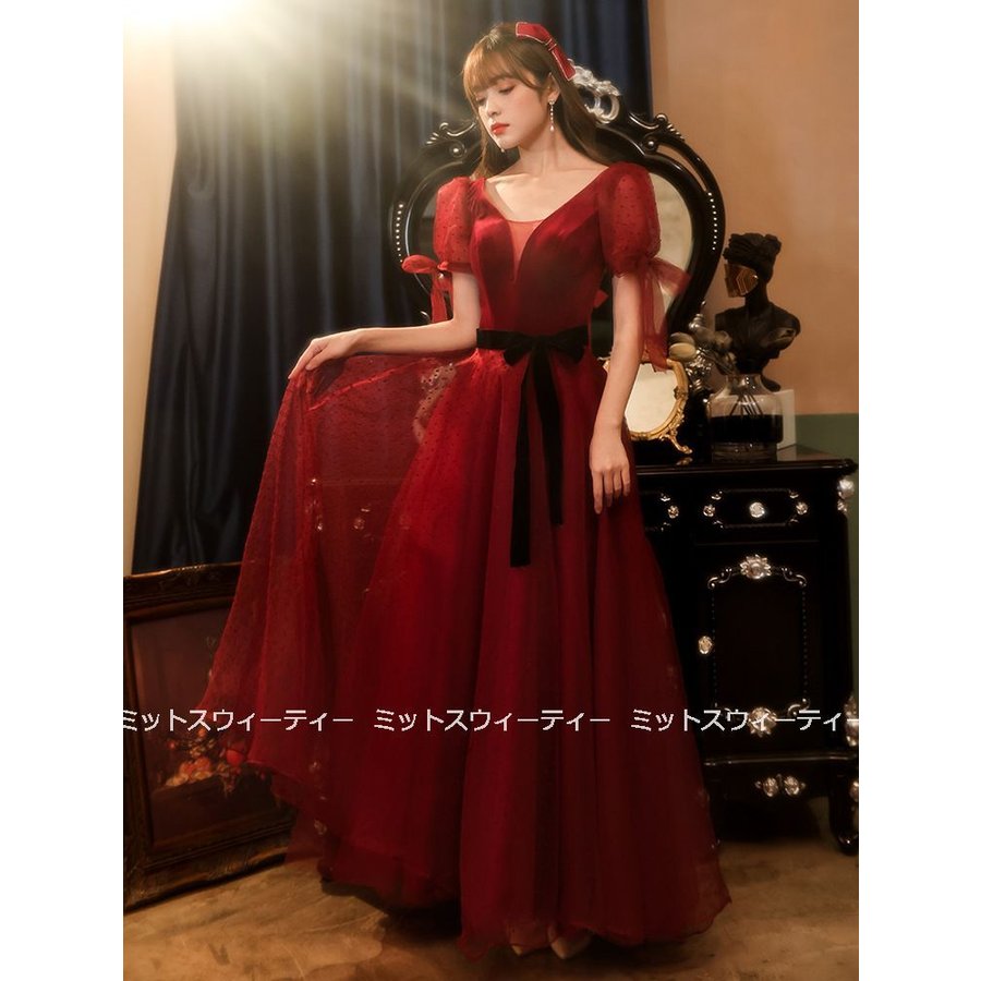 カラードレス 演奏会 レッド 結婚式 イブニングドレス 二次会 カクテルドレス ロングドレス フォー
