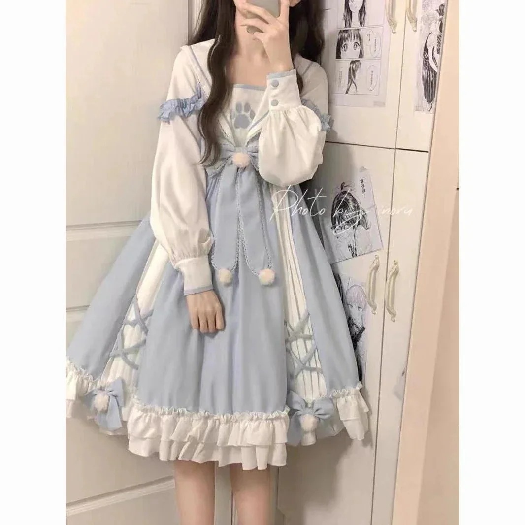 【3日出荷】 ビッグサイズ ロリータ ワンピース 軟妹 ドレス 青 ロリータ デイリー アカデミック パフォーマンス 軽ロリ レディース