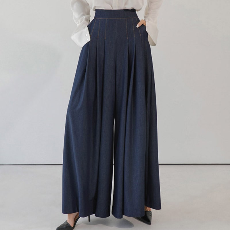 P2689 プリーツ デニム ワイド スラックス