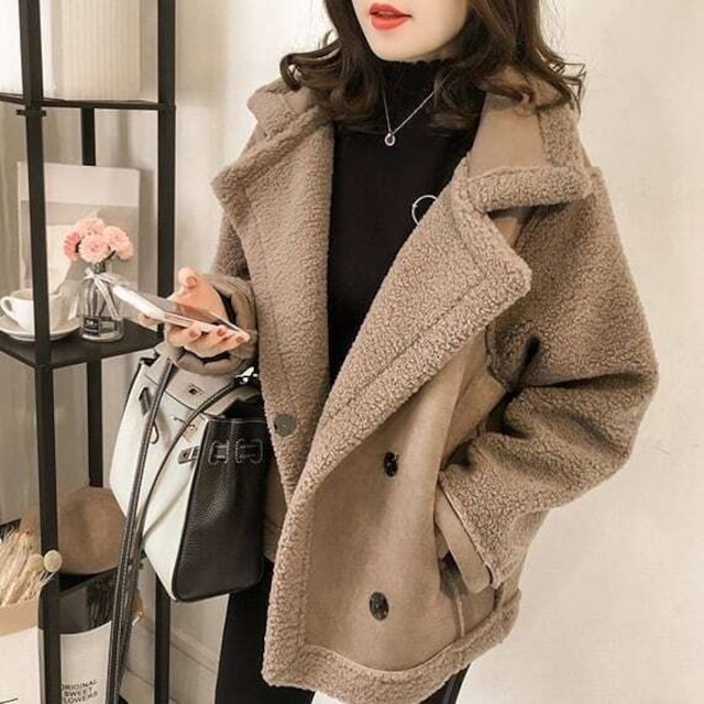 レディース アウター ジャケット ムートンジャケット ミドル丈 オーバーシルエット オープンカラー ポケット ボリューミー ボア ふわもこ