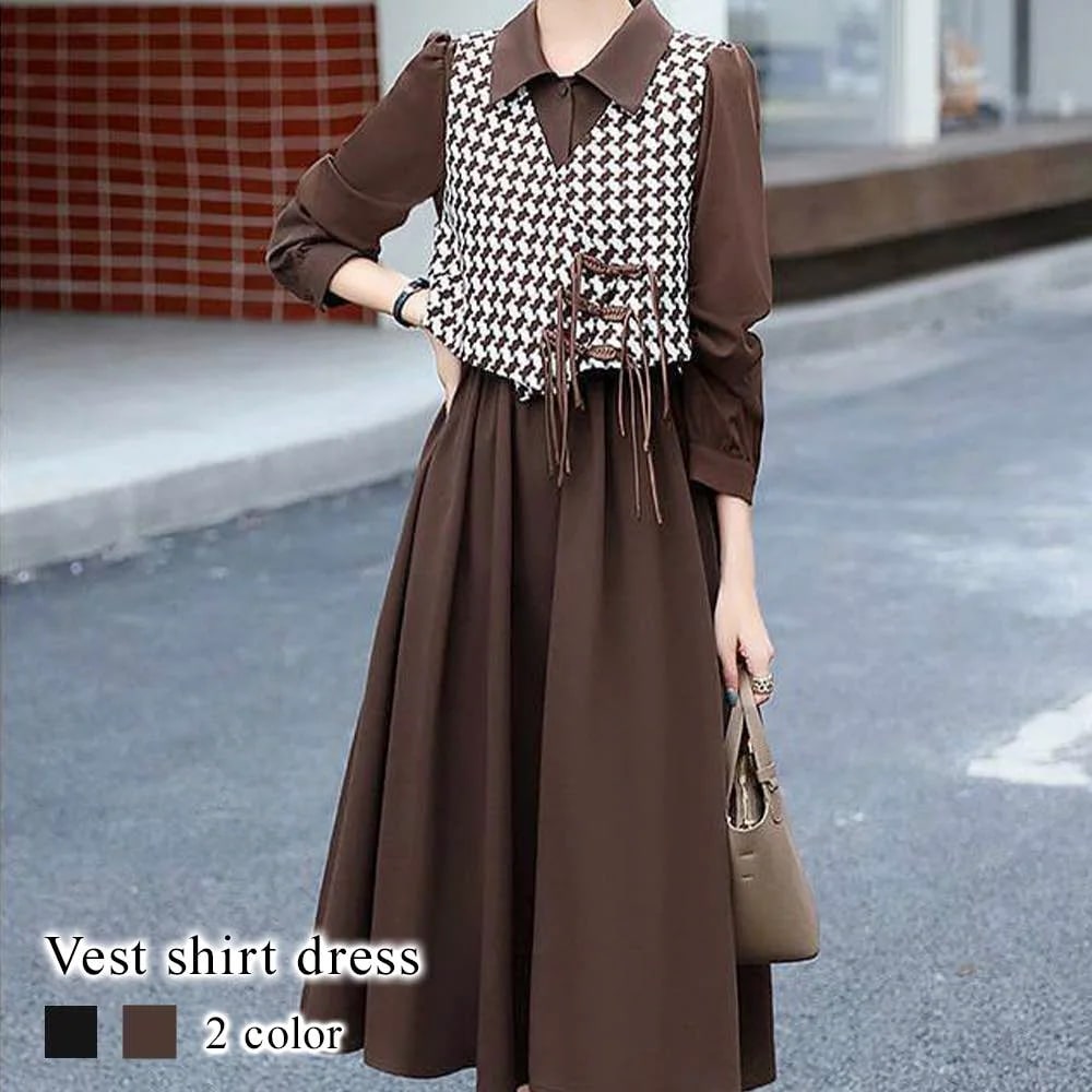 ワンピース レディース ベスト付きシャツワンピース 20代 大人 アウトドア Aライン 体感 トップス 冬 秋 春 韓国 厚手 きれいめ カジュアル しっかり 40代 ニット 白 かわいい スカート