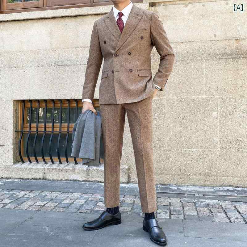 ジャケット コート メンズ 大きめサイズ おしゃれ レトロ 秋冬 ファッション ダブル スーツ パーティー パンツ ブラウンブラック グレー