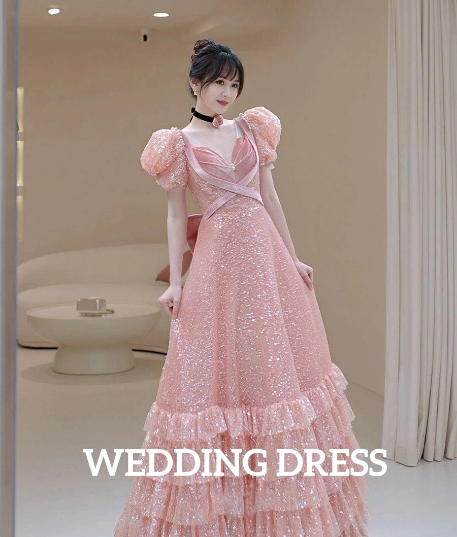 リピーター続出ピンク ウェディングドレス 結婚式 花嫁ドレス レディースドレス 着痩せ 礼服 司会 お呼ばれ Vネック パフスリーブ 姫系 プリンセス風 披露宴 イブニングドレス ロングドレス ラメ感