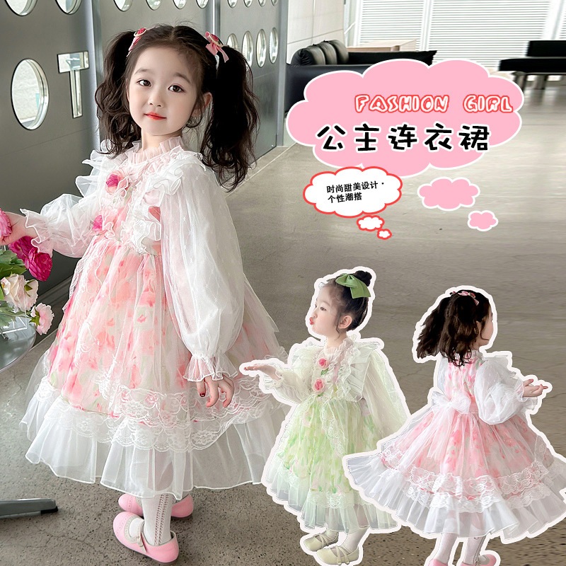 女の子フラワープリンセスドレス04春新作子供用かわいいロリータドレス多用途でファッショナブルな長袖ドレス
