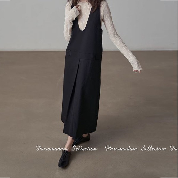 人気V襟ジャンバースカート　ボックススカート　ブラック　フリーサイズ　マキシ丈　ロング丈　女子会細く見える通勤通学20代30代40代50代60代
