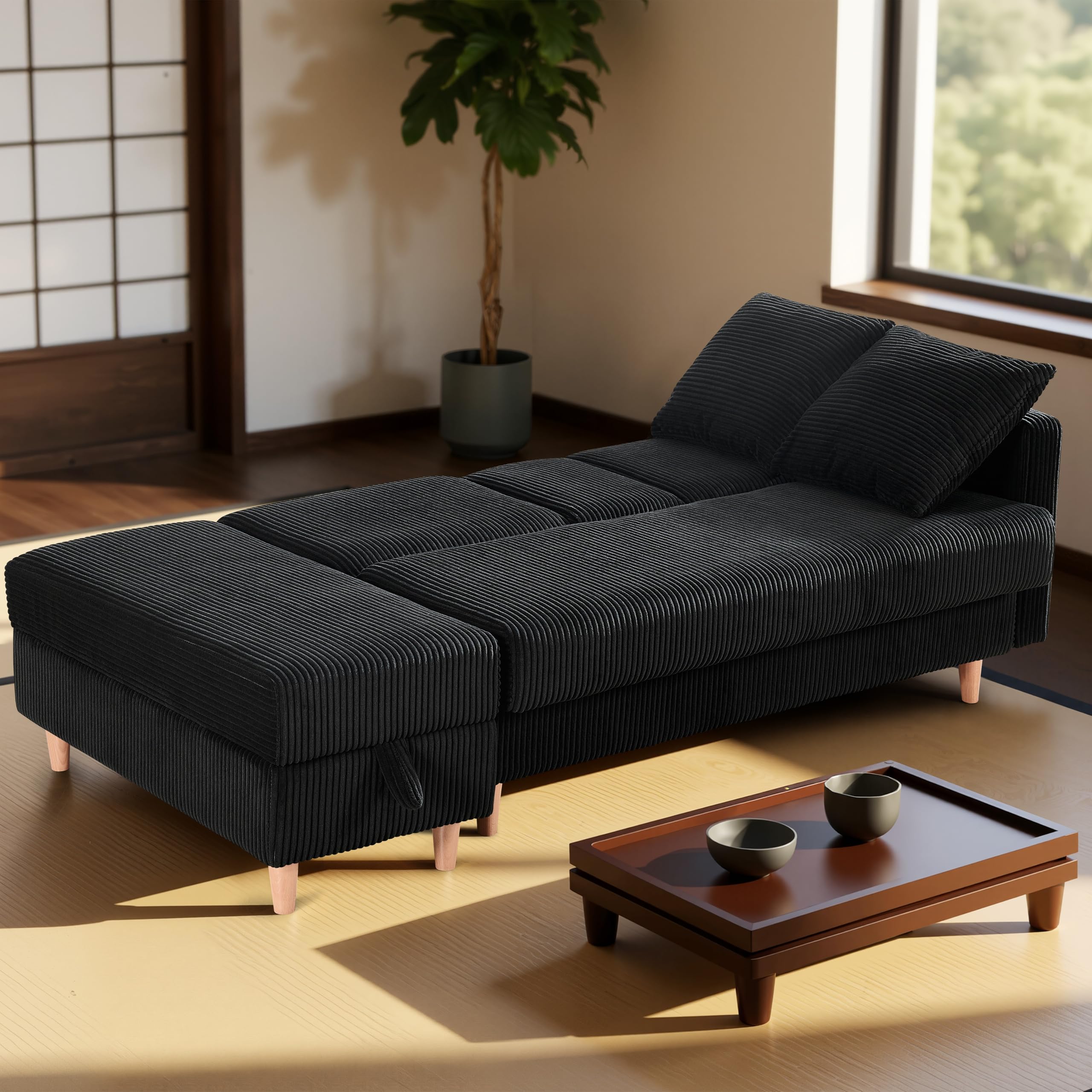 ソファ ソファーベッド 3人掛け カウチソファ オットマン付き 左右入替可能アームレスト 多機能収納付き レイアウト自由 天然木脚 ローソファー クッション2個付き 幅177cm (ブラック)