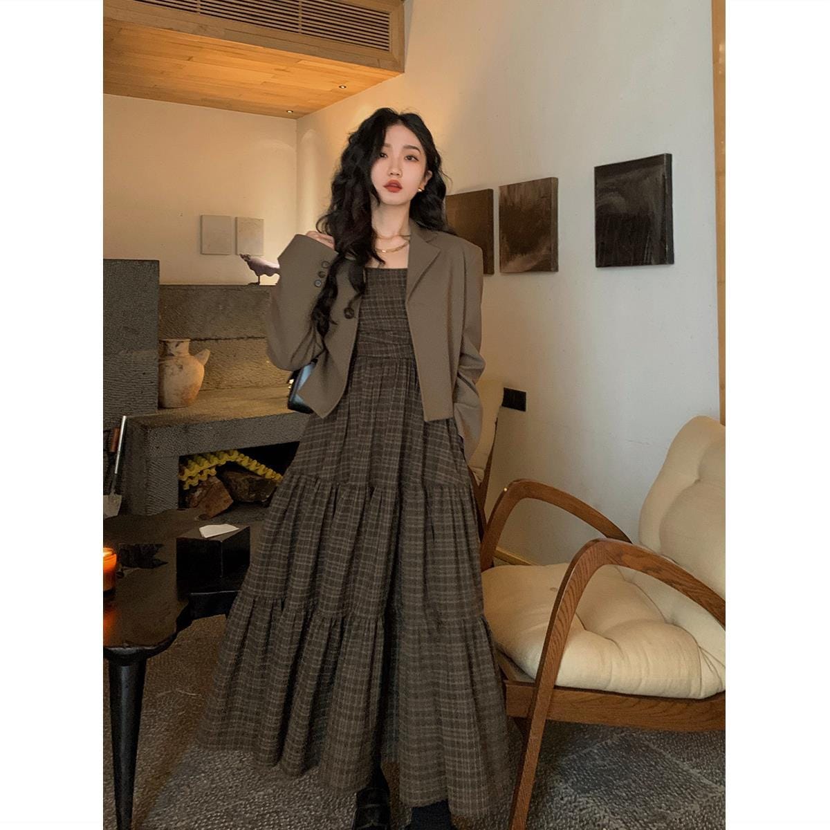 メガ割 シャツワンピース23ヘボン風チェックロングモデルやせて見えるワンピースのワンピース