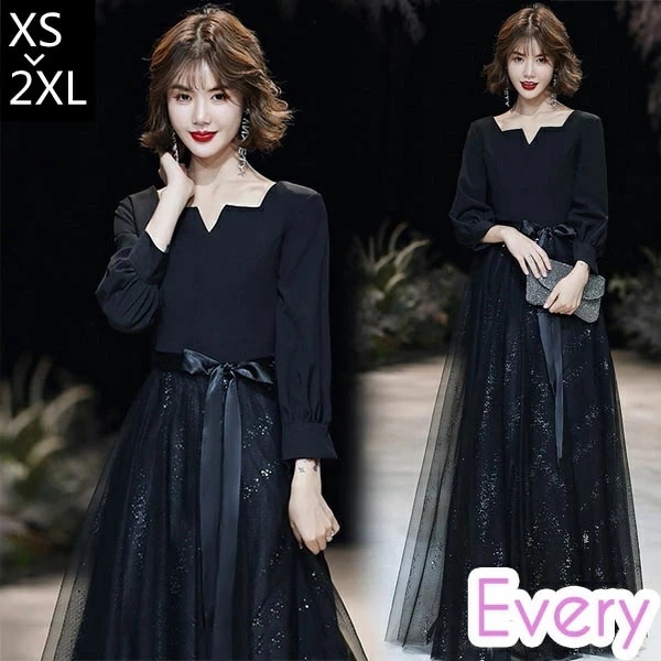 送料無料 ドレス 大人 ピアノ 発表会 パーティードレス ロングドレス 母親 結婚式 キラキラドレス 演奏会 演奏会 ワンピース 成人式 同窓会 七分袖 袖あり レース ブラック 母の日 プレゼント