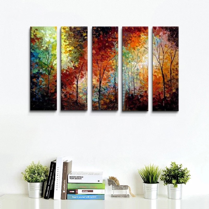 人気色鮮やか壁飾り油絵五連画複合画トリプティカ秋色インテリアリビングオフィス応接間客室壁掛けアート現代雰囲気美術品 幅200cm