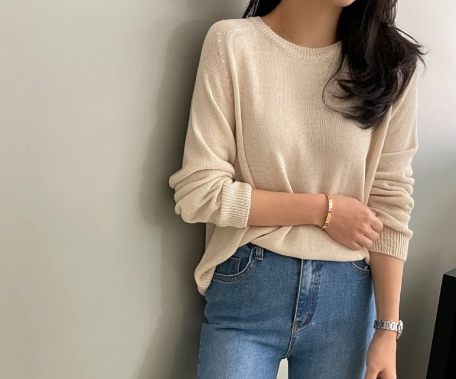 レディース トップス サマーニット 長袖 ラウンドネック 襟なし ストレート 伸縮性 薄手 かわいい 大人可愛い きれいめ シンプル カジュアル おしゃれ こなれ感 ラフ ルーズ 個性的 主役級
