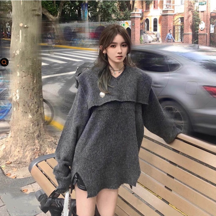 セーラーカラー ニット Vネック ゴールドボタン セット オーバーシルエット ビッグカラー ざっくり TKOR0004