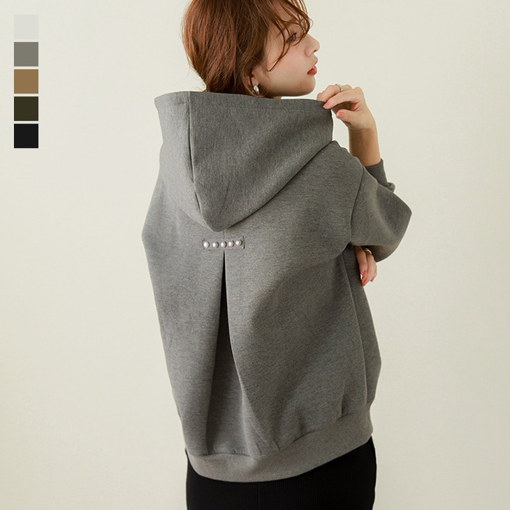 バックパールプルオーバーパーカー長袖レディースバックタックトレーナーフェミニントップスオシャレ