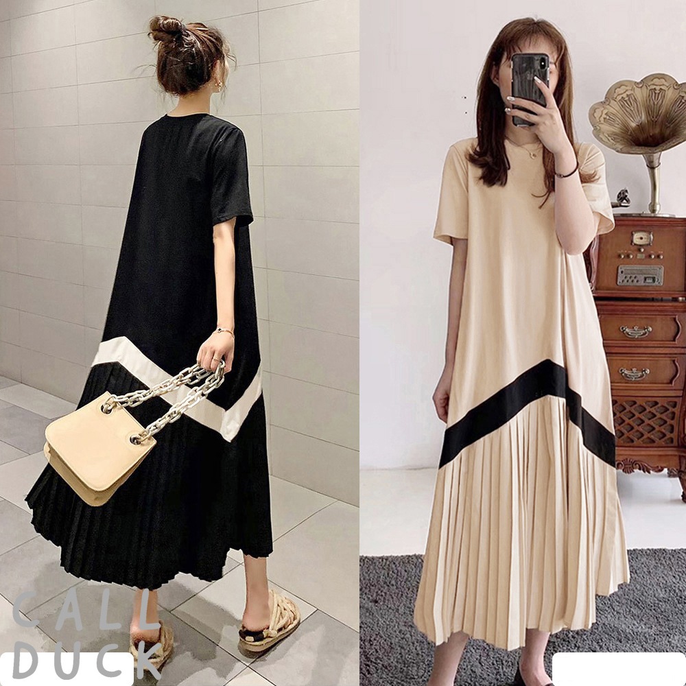 ロングワンピース XL 半袖 レディース Aライン プリーツ 切り替え ゆったり 春夏秋 112956