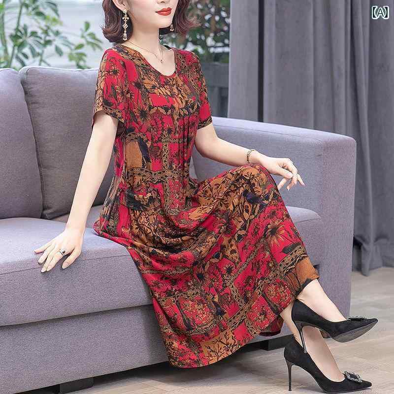 ワンピース ルームウェア 部屋着 レディース 半袖 婦人 ミセス 胸 パッド付き ママ 高齢者 夏 コットンシルク ドレス 大きいサイズ 花柄 スカート