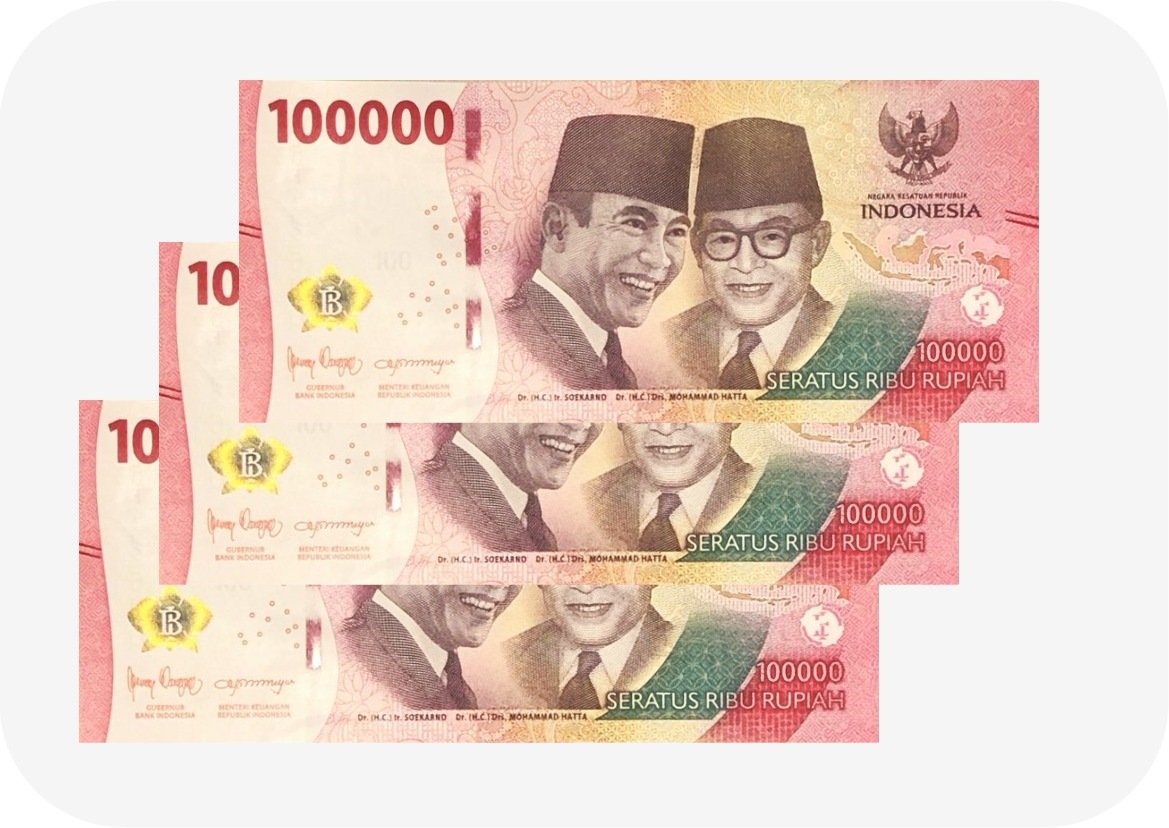 インドネシア紙幣 100,000ルピア ３枚 【証明書付】 流通紙幣 インドネシア10万ルピア 現地両替紙幣 10万ルピア