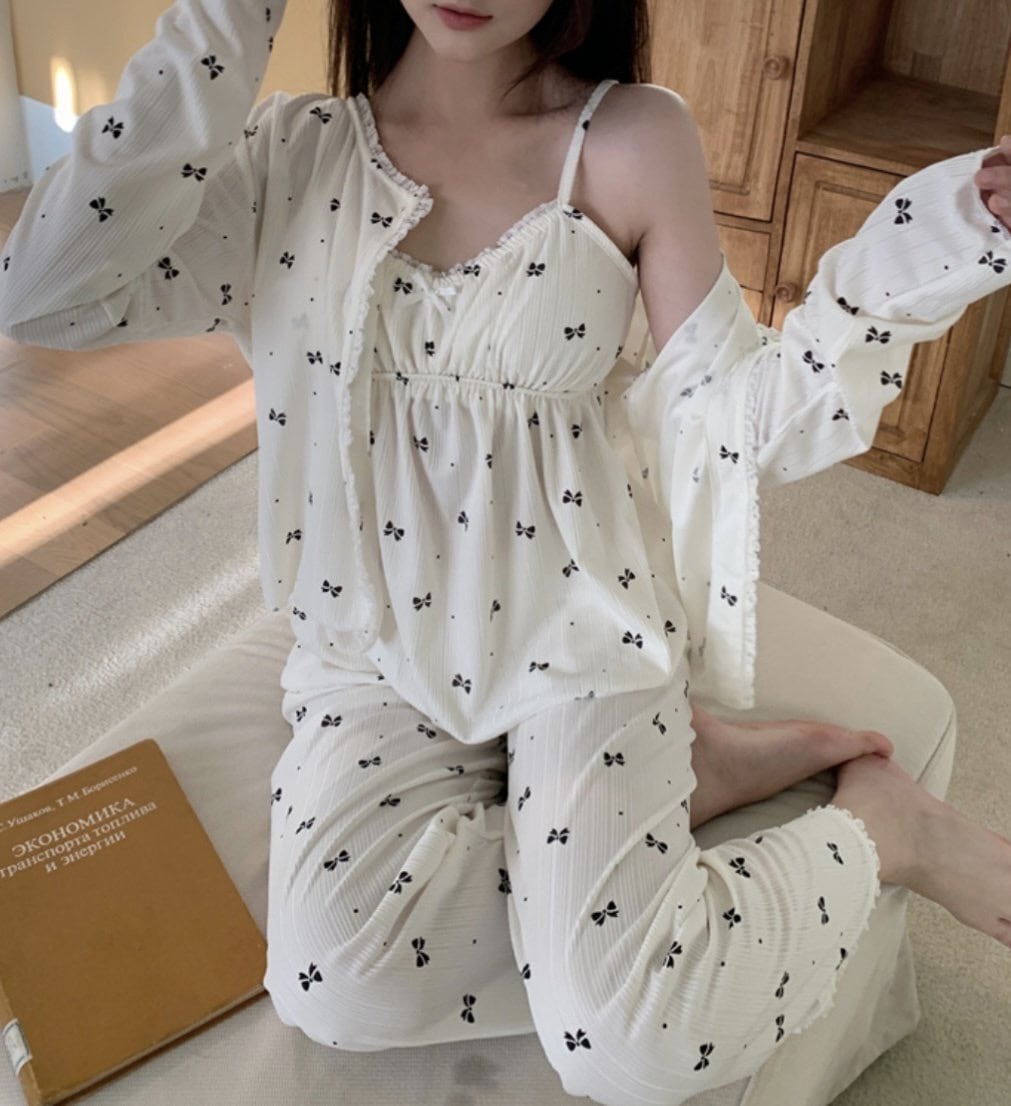 リボンドット３ピースパジャマ/ドット柄部屋着/ドット柄パジャマ/３ピース部屋着/妊婦パジャマ/個性的部屋着/韓国パジャマ