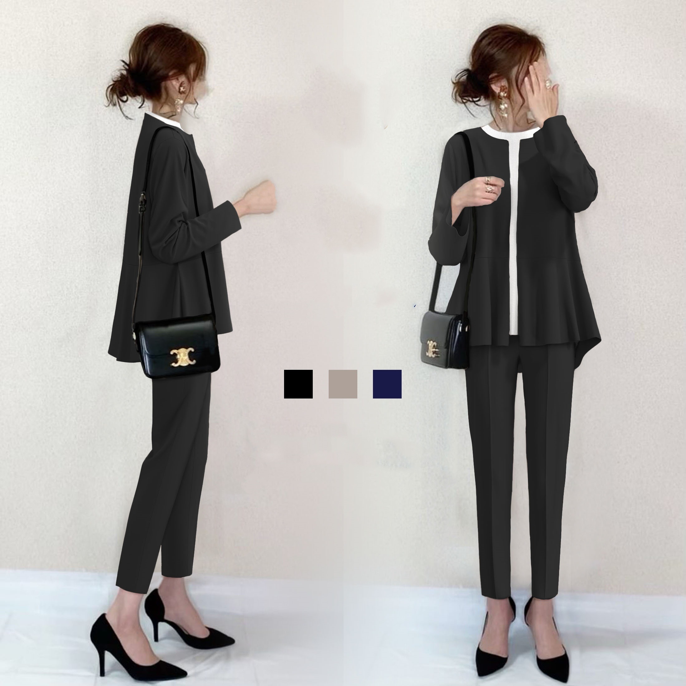 【質感注目させ】 高見えデザイン!フォーマル オフィス 卒 園 式 入学 式 コーデ セレモニー スーツ 体型カバー パンツスーツ エーレスタイル 2点セット レディース