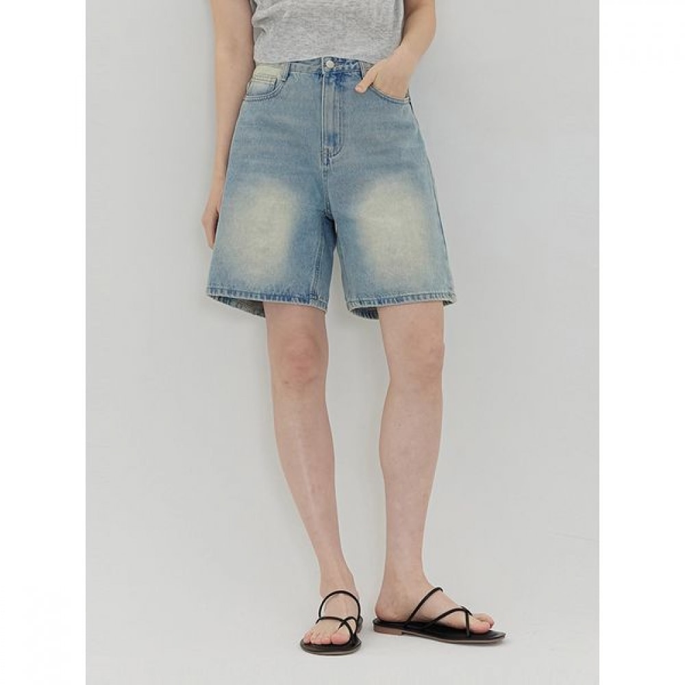 [ジンマニア] レディースミッドウォッシュ 4.5パートライトブルーワイドデニムショーツパンツ