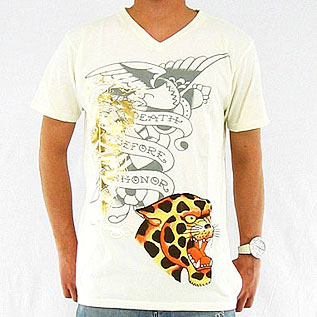 ED Hardy　Mens V-Neck Multiprint Tee with Foil-Leopard-White エドハーディー　メンズ　Vネック　レオパードTシャツ